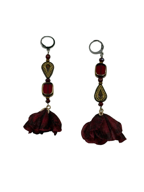 Floral Tassel Earrings – Red Tiger’s Eye, Czech Tulips & Red-Gold Glass