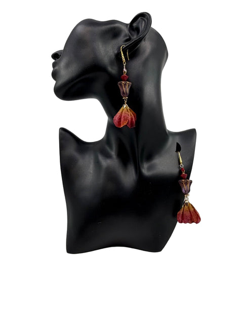 Floral Tassel Earrings – Red Tiger’s Eye, Czech Tulips & Red-Gold Glass