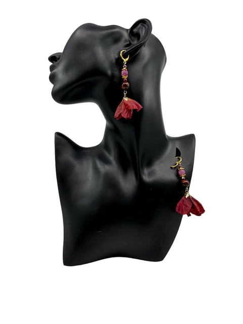 Floral Tassel Earrings – Red Tiger’s Eye, Czech Tulips & Red-Gold Glass