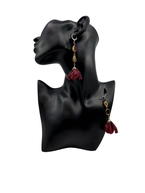 Floral Tassel Earrings – Red Tiger’s Eye, Czech Tulips & Red-Gold Glass