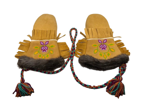 Tanned Moosehide Mittens with Beaver Fur Trim & Floral Embroidery – by Evadney Edwards