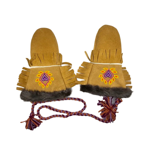 Tanned Moosehide Mittens with Beaver Fur Trim & Floral Embroidery – by Evadney Edwards