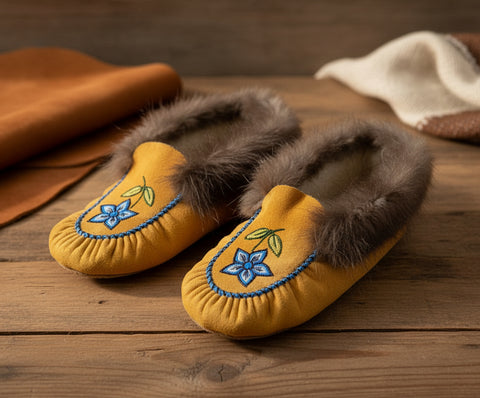 Tanned Moosehide Moccasin Slippers with Rabbit Fur Trim