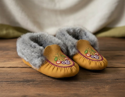 Tanned Moosehide Moccasin Slippers with Rabbit Fur Trim