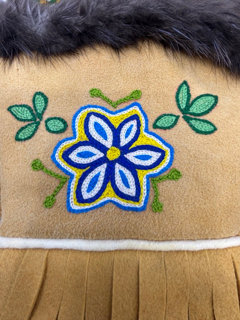Tan moosehide gauntlet mittens with beaver fur trim collar, fringe and braided yarn cord by Melanie E. Edwards