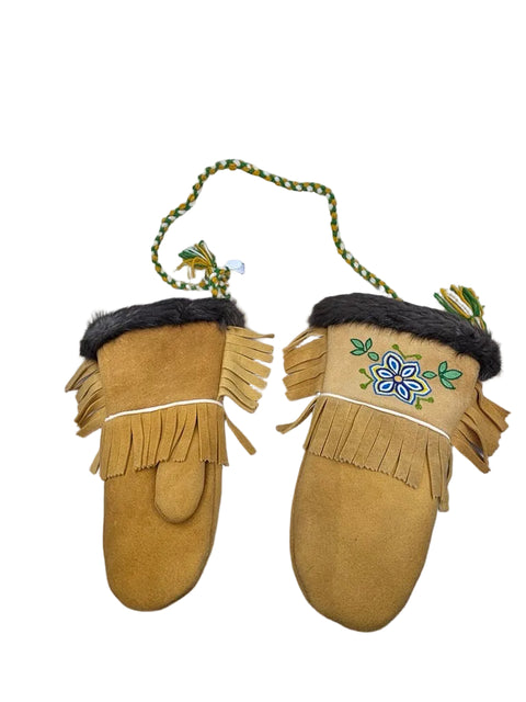 Moosehide Gauntlet Mittens with Floral Embroidery & Beaver Fur Trim