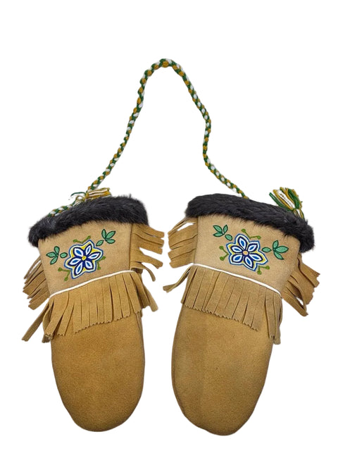 Moosehide Gauntlet Mittens with Floral Embroidery & Beaver Fur Trim