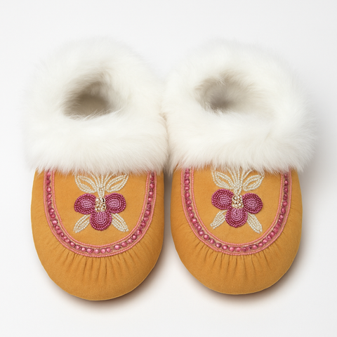 Ladies Handmade Moccasins – Smoked Moose-Hide with Traditional Beadwork (Fur or No Fur)