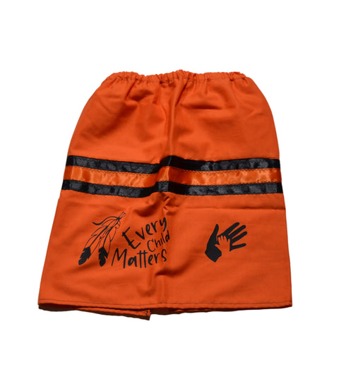 RIBBON SKIRT JANET GREGOIRE ORANGE/EVERY CHILD MATTERS/FEATHERS HANDS/RIBBONS BLACK ORANGE/BACK OPEN 7"