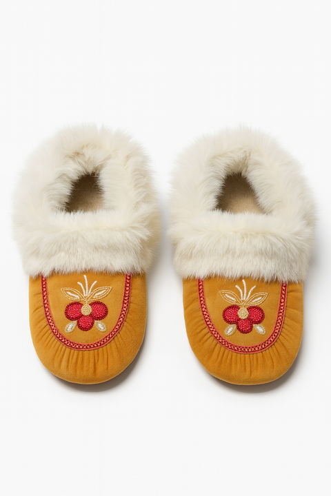 Ladies Handmade Moccasins – Smoked Moose-Hide with Traditional Beadwork (Fur or No Fur)