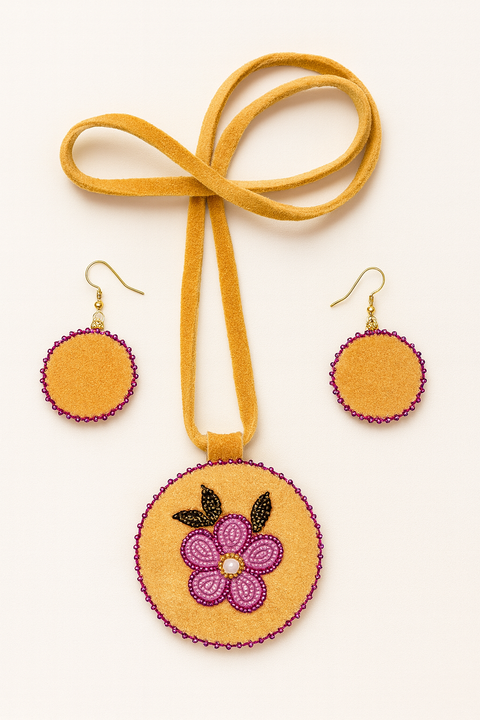 Handmade Moose Hide Jewelry Set – Beaded Flower Necklace & Earrings