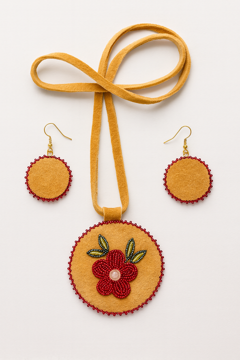 Handmade Moose Hide Jewelry Set – Beaded Flower Necklace & Earrings