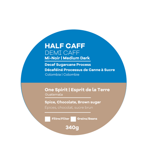 Moccasin Joe Half Caff medium dark roast 340g coffee bag