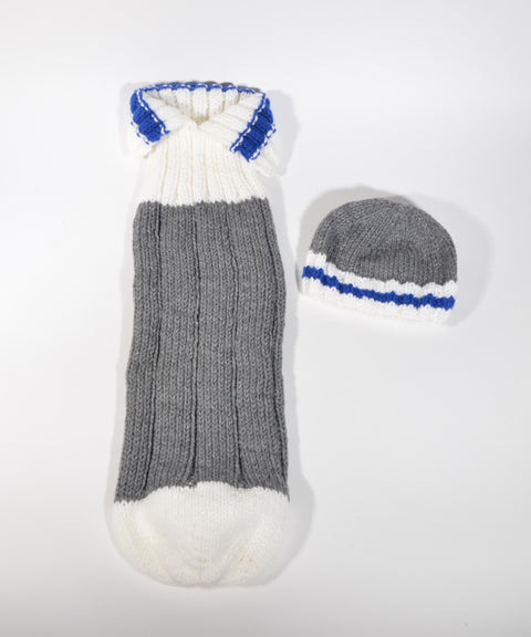 Gray, White & Blue Wool Baby Snuggler with Hat