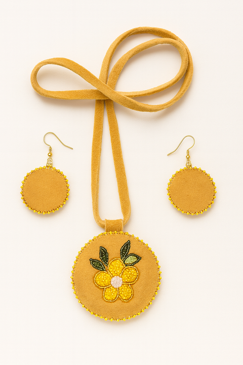 Handmade Moose Hide Jewelry Set – Beaded Flower Necklace & Earrings