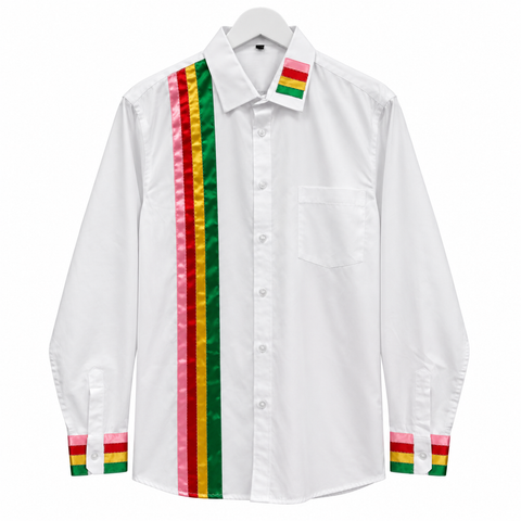 Cree ribbon shirt with decorative satin ribbon detailing, hand-sewn by Alexandria Coon of Mistissini.