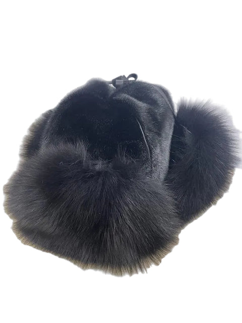 Sealskin & Fox Fur Trapper Hat (24” Fit – Black)