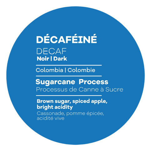 Sugarcane process decaffeination badge used on Moccasin Joe decaf coffee