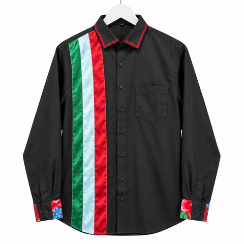 One-of-a-kind Cree ribbon shirt with layered satin ribbon bands by Alexandria Coon of Mistissini.