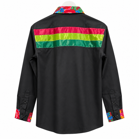 Black Cree ribbon shirt with blue, green and light blue ribbon accents by Alexandria Coon of Mistissini, Eeyou Istchee.