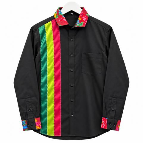 Black Cree ribbon shirt with bright red, green and pink ribbon accents by Alexandria Coon of Mistissini, Eeyou Istchee.