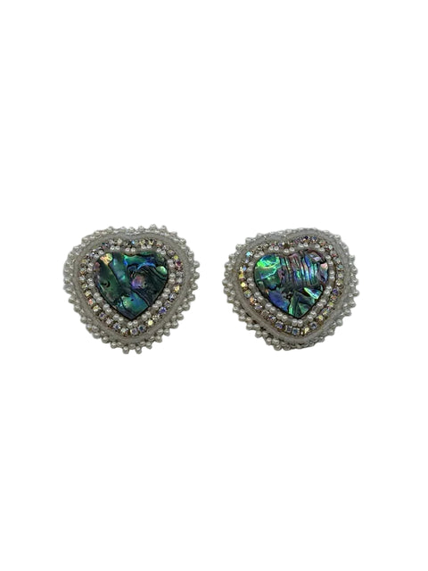 Beaded moosehide earrings with abalone shell hearts by Ironstar Co