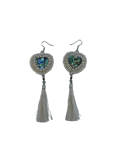 Beaded moosehide abalone shell heart earrings with horse hair tassels by Ironstar Co
