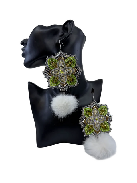 Silver Sage Bloom green and silver floral beaded earrings with white rabbit-fur pom poms by Ironstar Co.