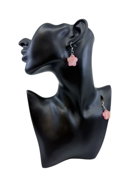 Pink dyed shell flower earrings with stainless steel hooks by Jolene Robichaud