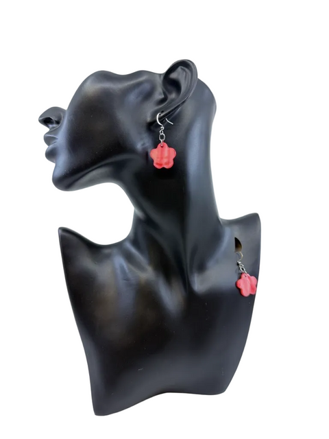 Red dyed shell flower earrings with stainless steel hooks by Jolene Robichaud