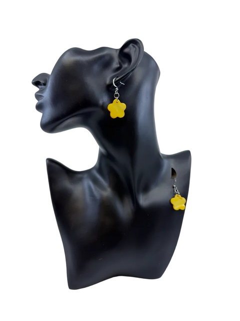 Yellow dyed shell flower earrings with stainless steel hooks by Jolene Robichaud