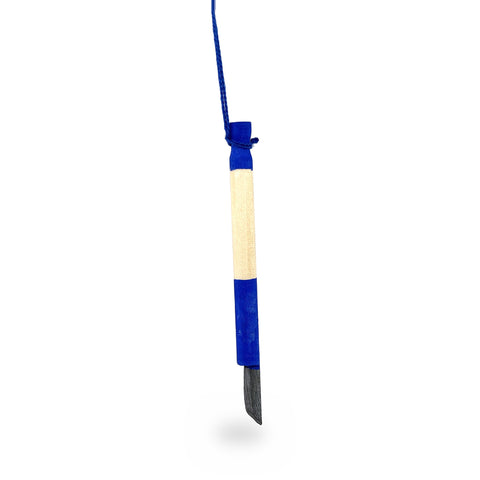 Natural wood mini ice chisel ornament with a blue-painted cap and shaft and grey blade tip, hanging from a blue string