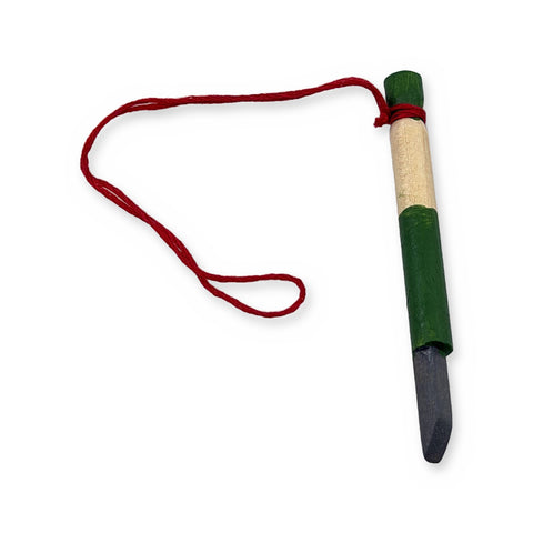 Natural wood mini ice chisel ornament with a green-painted cap and shaft and grey blade tip, laid flat with a red hanging string, by Gordon H. Blackned