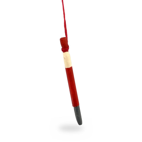 Natural wood mini ice chisel ornament with a red-painted cap and shaft and grey blade tip, hanging from a red string