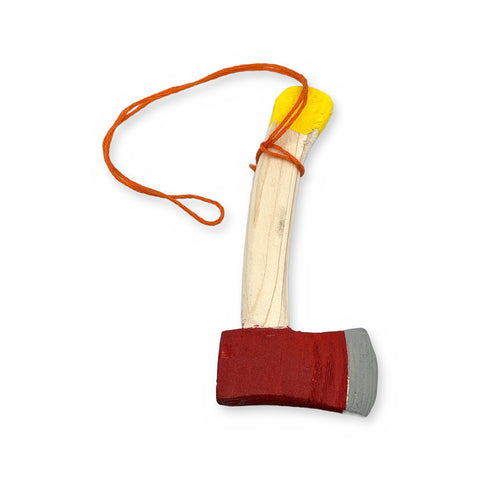 Natural wood mini axe ornament with a red-painted head and silver blade edge, laid flat with an orange hanging string