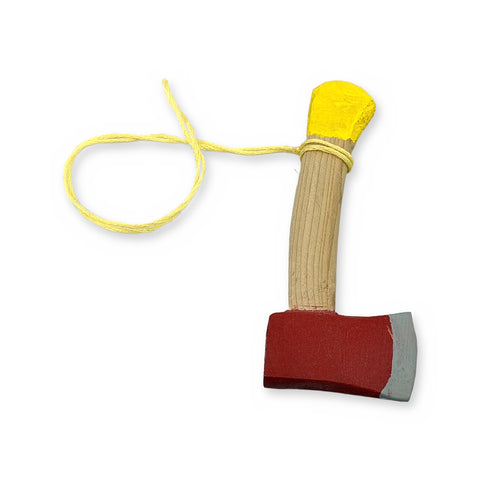 Natural wood mini axe ornament with a red-painted head and yellow handle end, laid flat with a pale yellow hanging string