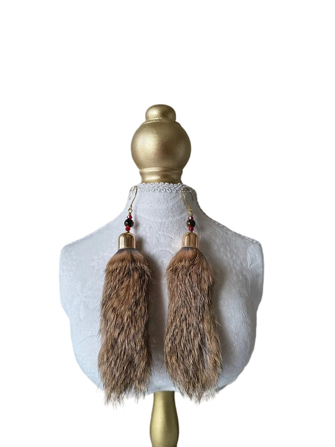 Brown rabbit fur pompom earrings with tiger's eye and red glass beads, Jolene Robichaud