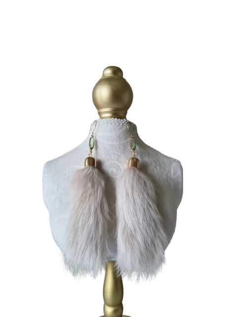 Cream rabbit fur pompom earrings with olive green crystal glass tops, Jolene Robichaud