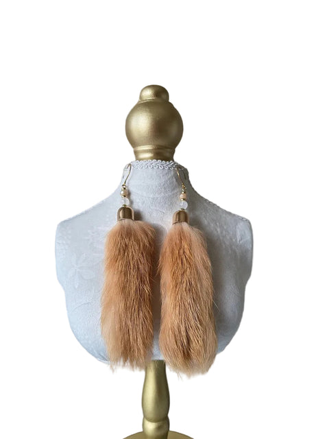 Tan rabbit fur pompom earrings with clear quartz beads, Jolene Robichaud