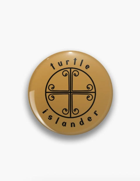 Gold round pin with black Turtle Islander design, Jolene Robichaud