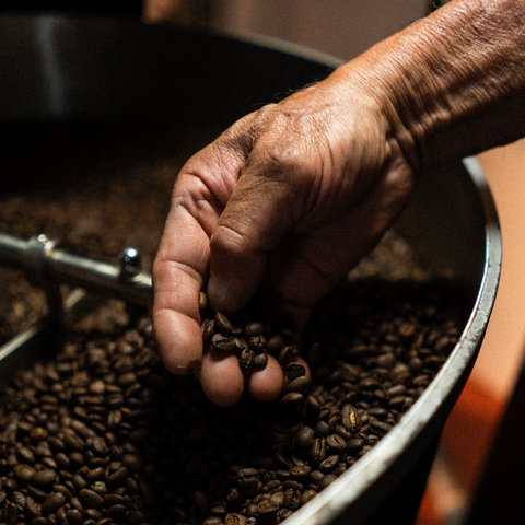 Moccasin Joe roaster Walter with a fresh batch of artisan roasted coffee
